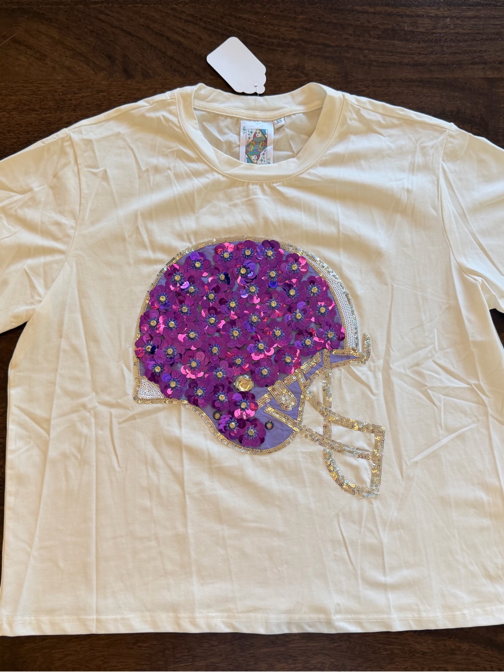 QUEEN OF SPARKLES White Tee with Purple Sequin Helmet and Gold Accents